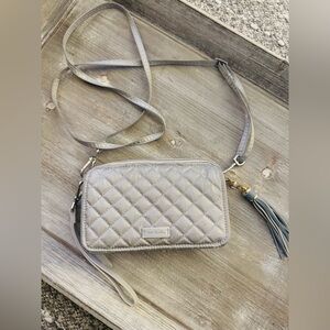 Vera Bradley silver quilted crossbody bag with tassel, detachable wrist strap